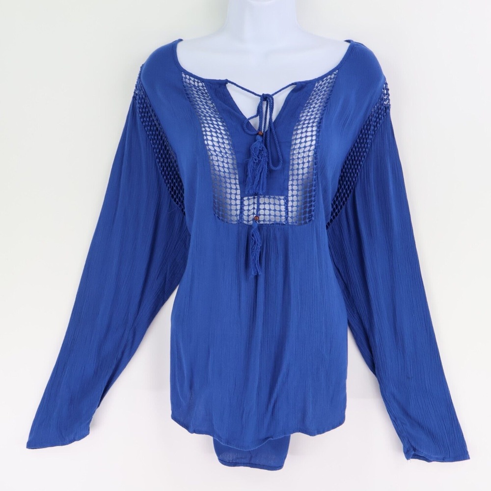 Joseph A Blouse Womens Size XXL Blue 100% Viscose Long Sleeves Tie Bohemian Soft